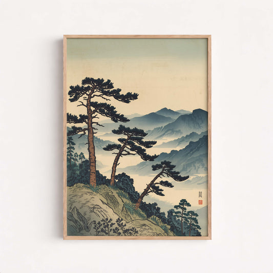 Ukiyo, E Japanese Landscape Poster, Mountain Pine Tree Art Print