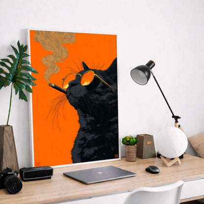Black Cat Smoking a Cigarette Vintage Poster Art Retro Whimsical Print Funny Animal Wall Decor
