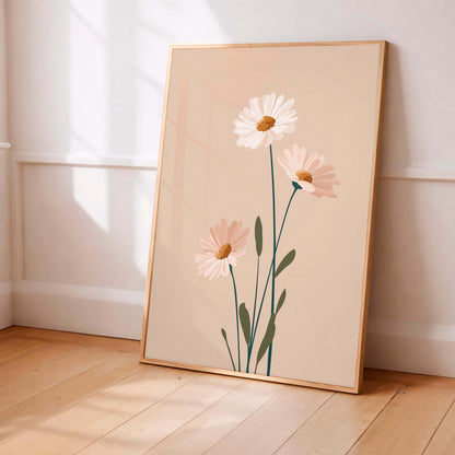Minimal Botanical Flower Print, Soft Neutral Daisy Illustration, Calm Modern Decor For Light Interiors