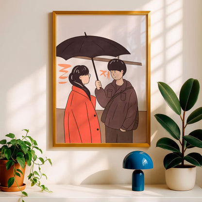 Romantic Couple Under Umbrella Art Print, Anime Style, Art Japannese