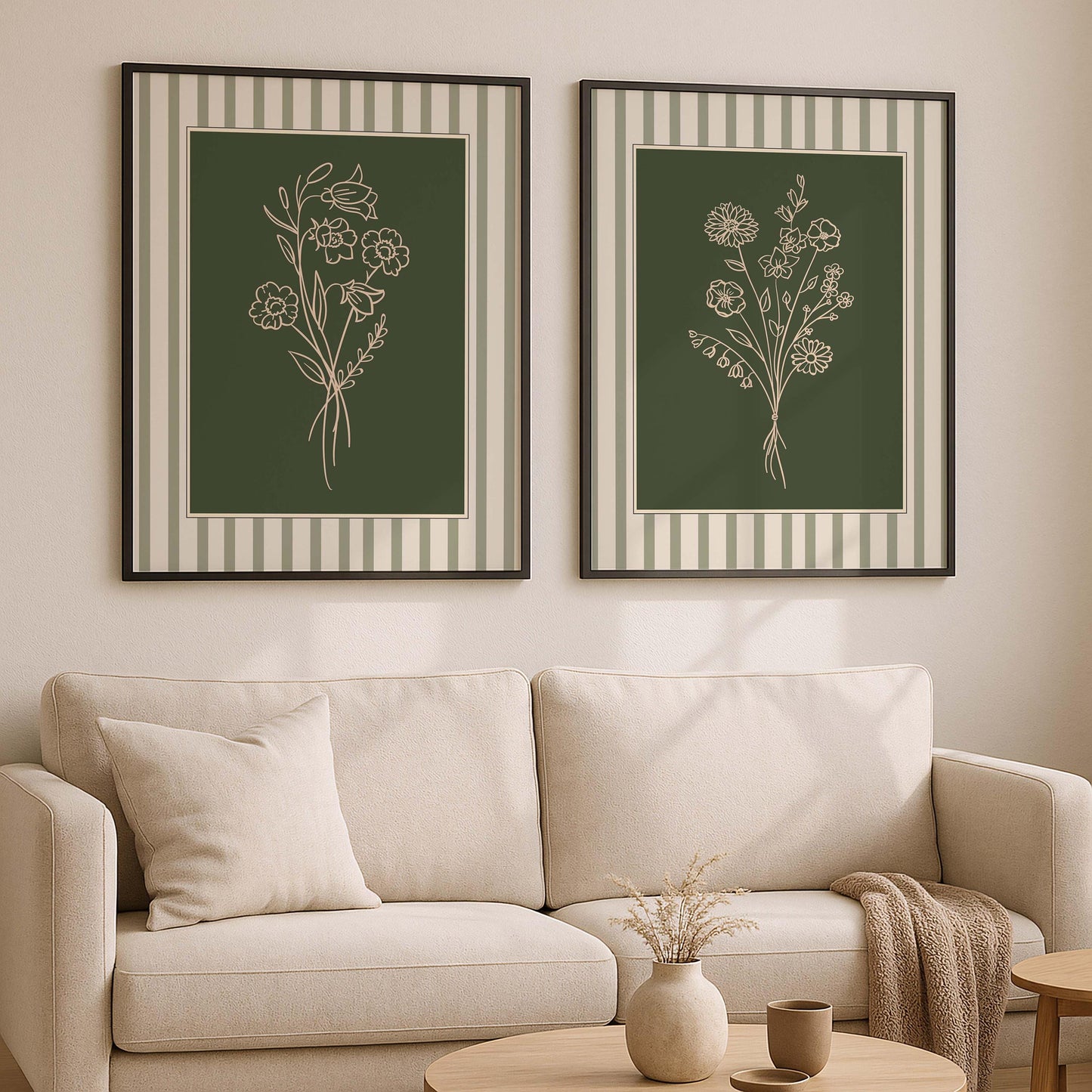 Sage Green Floral Line Art Prints, Botanical Gallery Wall Set