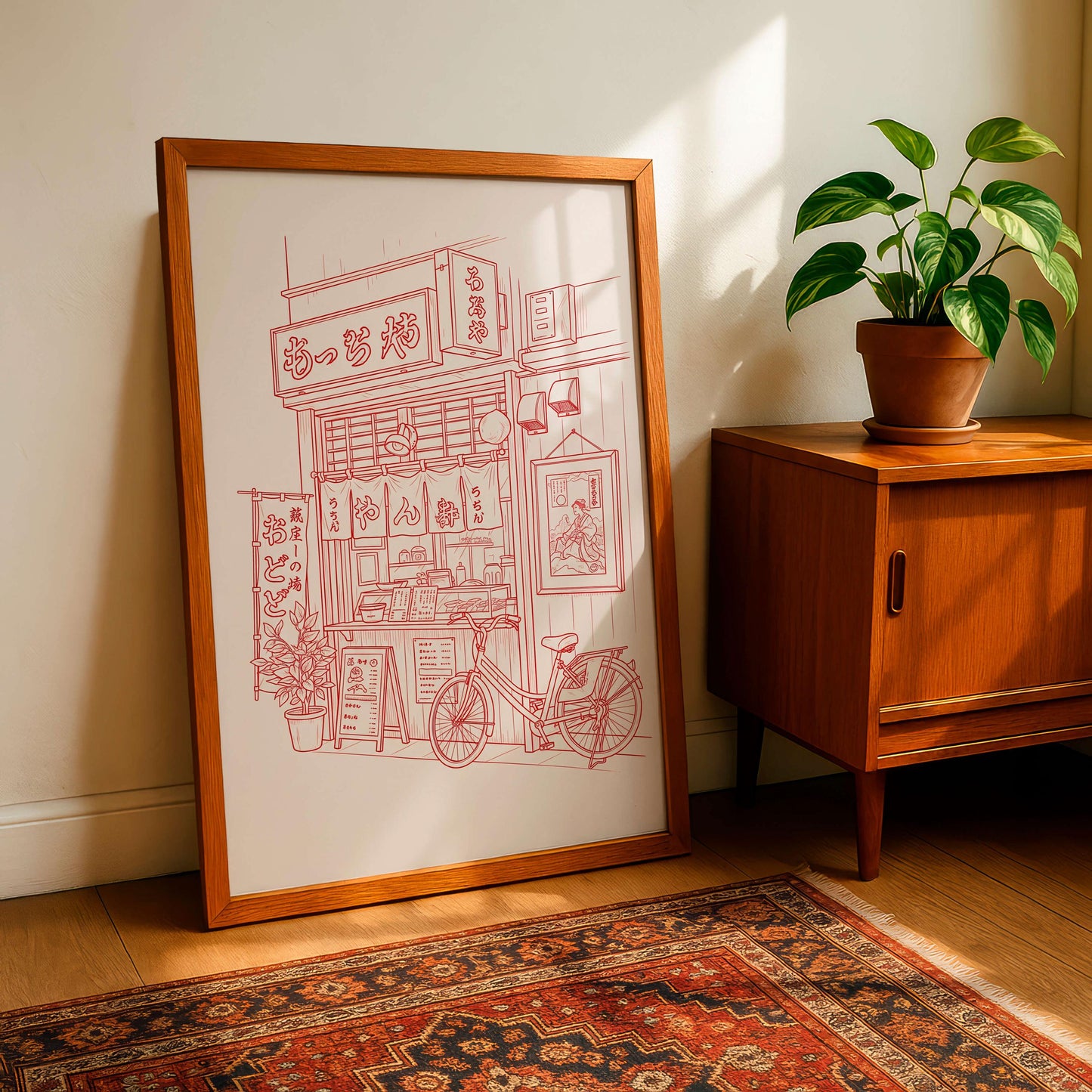 Vintage Ramen Shop Line Art Poster, Japanese Street Food Print