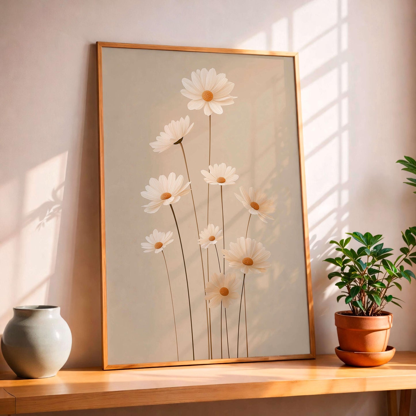 Soft Botanical Daisy Print, Neutral Floral Illustration, Light Minimal