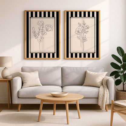 Black And White Floral Line Art, Set Of 2 S, Modern Minimalist Decor