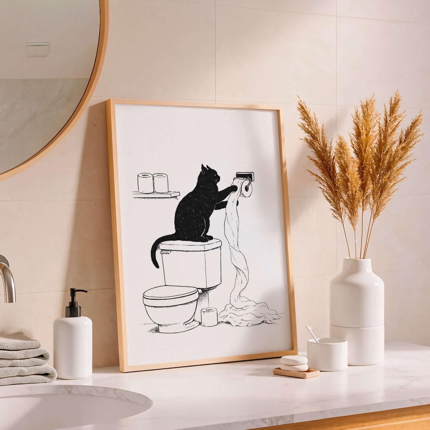 Funny Cat Bathroom Illustration Minimal Toilet Wall Art