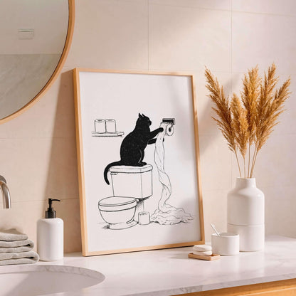 Funny Cat Bathroom Illustration Minimal Toilet Wall Art