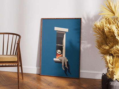 Poster Minimal Blue Wall Art, Modern Window Illustration For Home Office