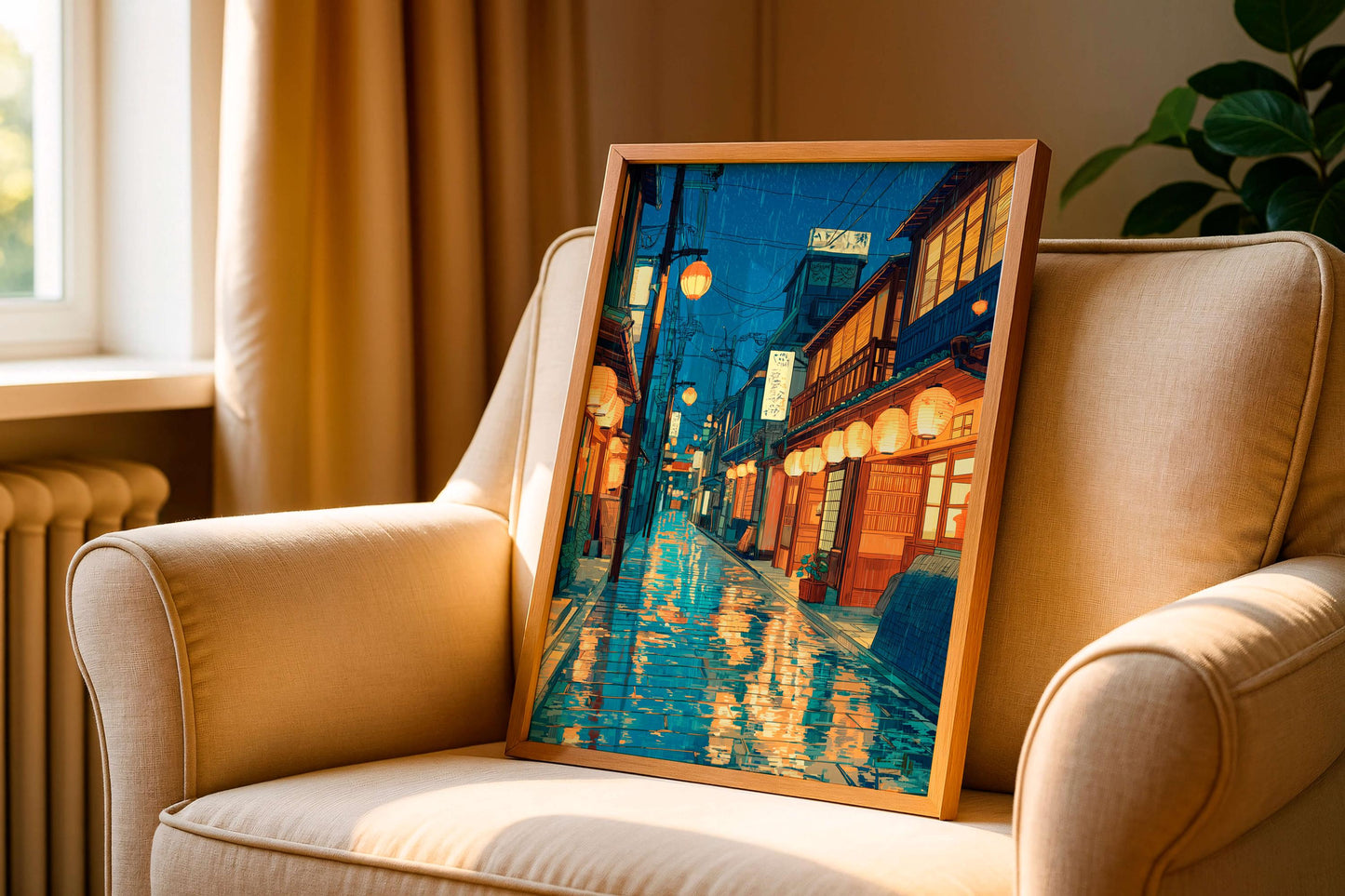 Rainy Kyoto Alley Print, Japanese Lantern Street Art