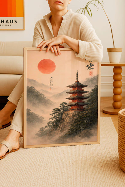 Japanese Pagoda Mountain Print, Zen Asian Landscape Art