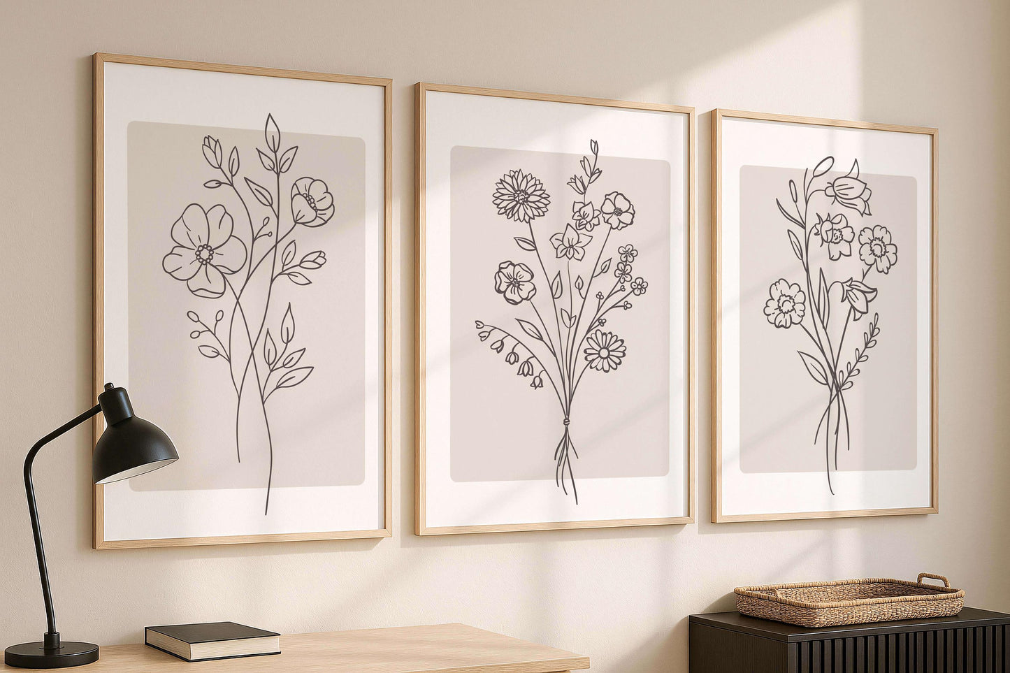 Minimalist Floral Line Art Print, Beige Boho Wall Art, Neutral Living Room Decor
