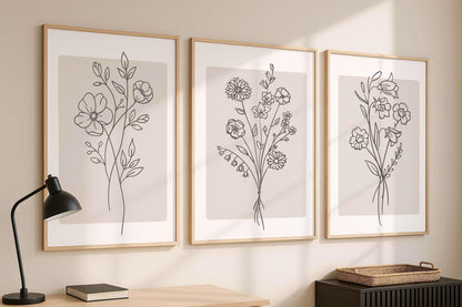 Minimalist Floral Line Art Print, Beige Boho Wall Art, Neutral Living Room Decor
