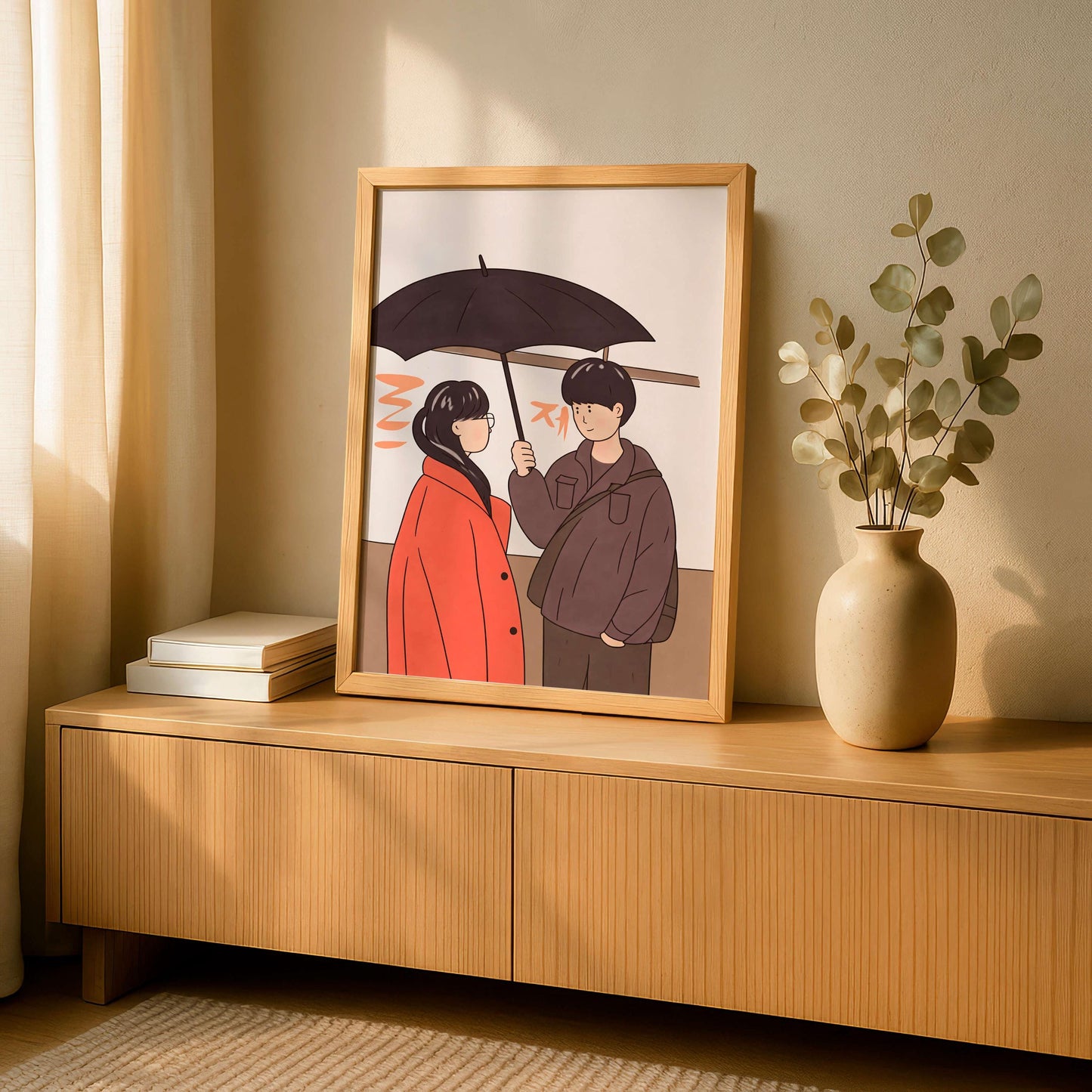 Romantic Couple Under Umbrella Art Print, Anime Style, Art Japannese