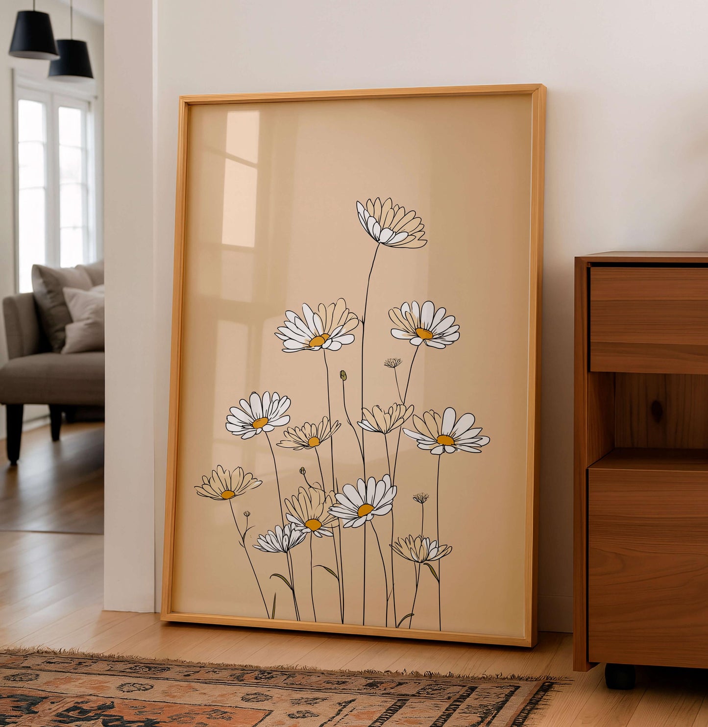 Minimal Daisy Line Illustration, Soft Neutral Floral Artwork,  Decor For Light Spaces