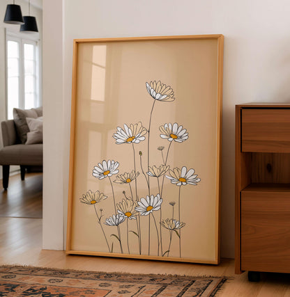 Minimal Daisy Line Illustration, Soft Neutral Floral Artwork,  Decor For Light Spaces