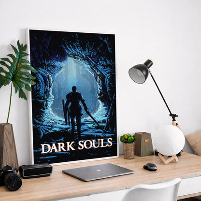 Dark Fantasy Cave Poster, Medieval Knight Wall Art, Blue Aesthetic Print