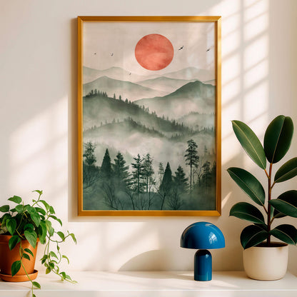 Japanese Zen Landscape Poster, Misty Mountain Illustration, Minimal Nature Artwork