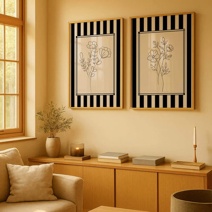 Black And White Floral Line Art, Set Of 2 S, Modern Minimalist Decor