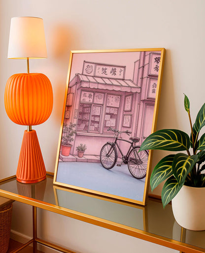 Tokyo Shop Bicycle Art Print, Japanese Street Illustration