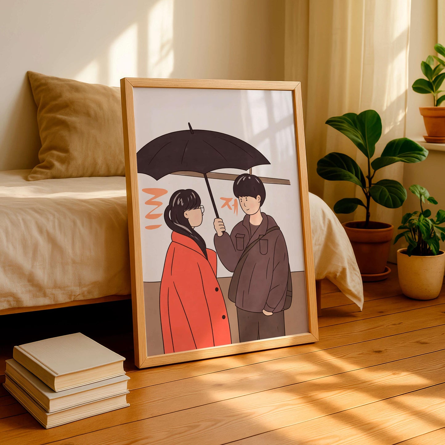 Romantic Couple Under Umbrella Art Print, Anime Style, Art Japannese