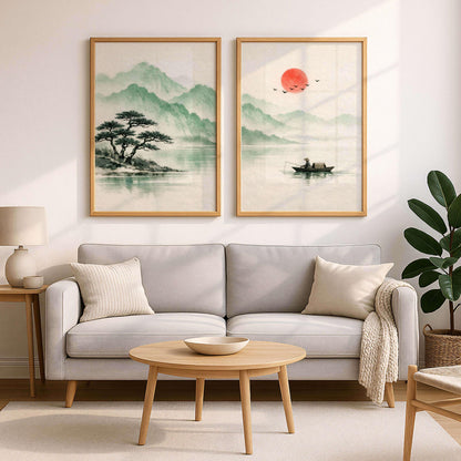Japanese Zen Landscape Art Prints, Sumi Ink, Misty Mountains
