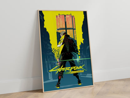 Cyberpunk City Poster, Futuristic Urban Wall Art, Neon Yellow Aesthetic Print