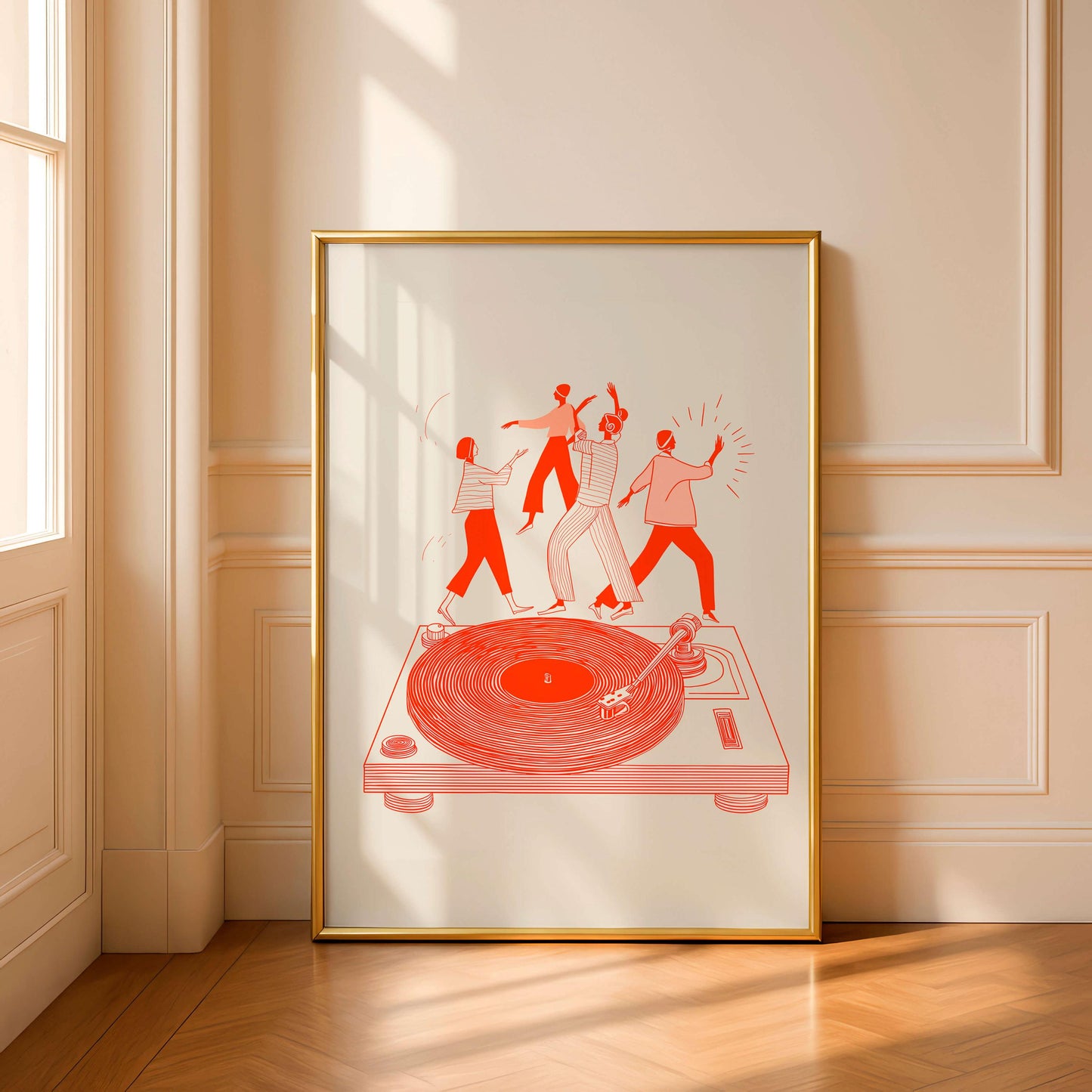 Modern Music Illustration Print, Dancing Figures On Turntable, Vinyl Culture Artwork