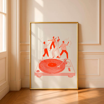 Modern Music Illustration Print, Dancing Figures On Turntable, Vinyl Culture Artwork
