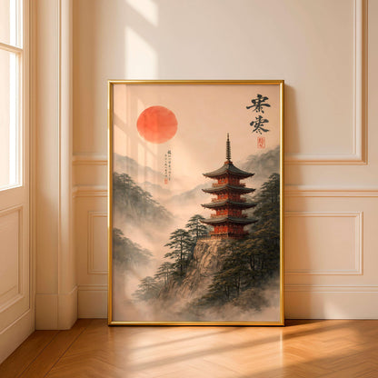Japanese Pagoda Mountain Print, Zen Asian Landscape Art