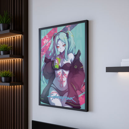 Cyberpunk Anime Girl Poster, Neon Aesthetic Wall Art, Futuristic Character Print