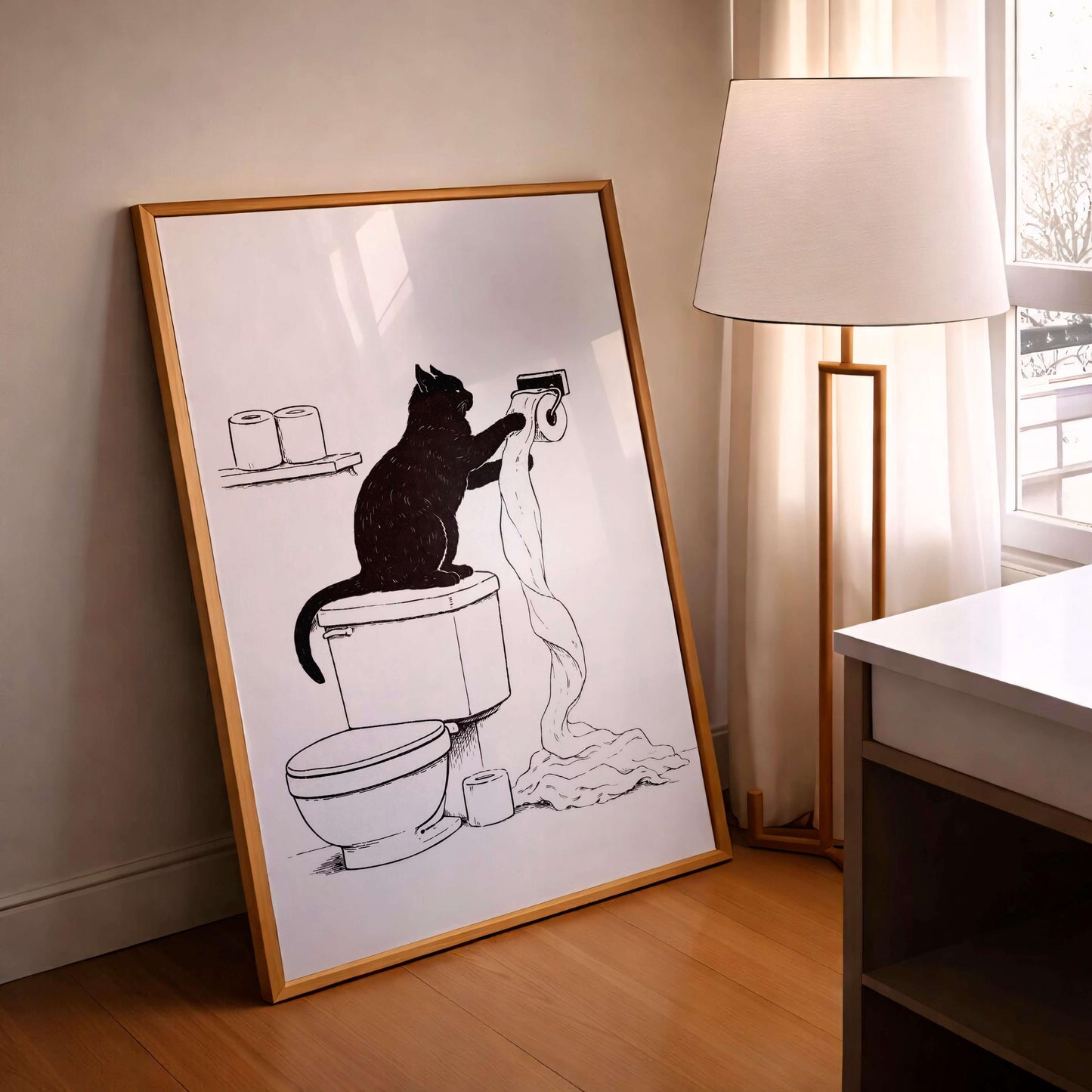 Funny Cat Bathroom Illustration Minimal Toilet Wall Art