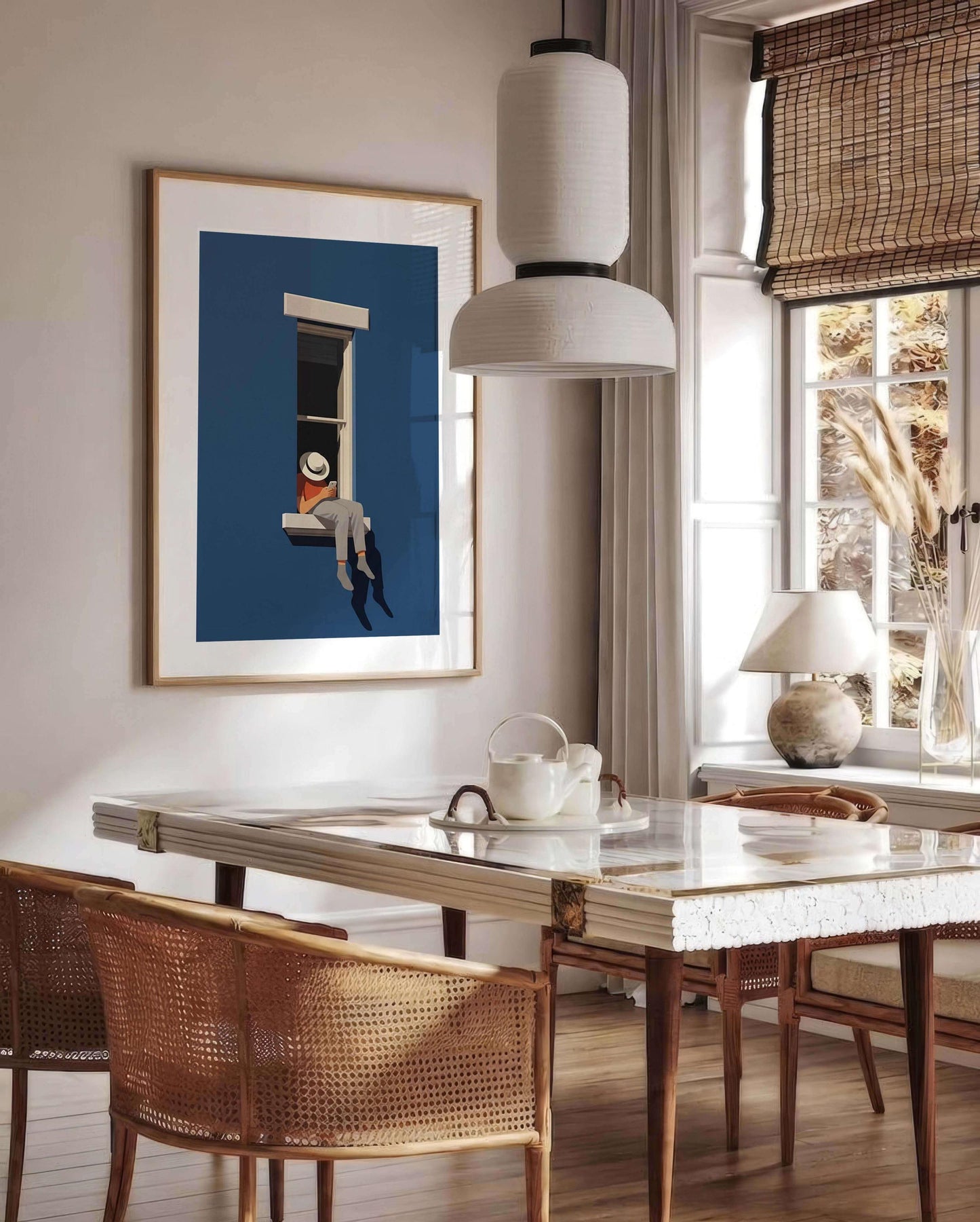 Poster Minimal Blue Wall Art, Modern Window Illustration For Home Office