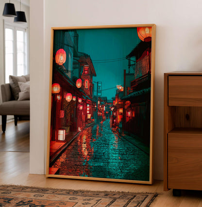 Japanese Night Street Poster, Rainy Tokyo Alley Wall Art