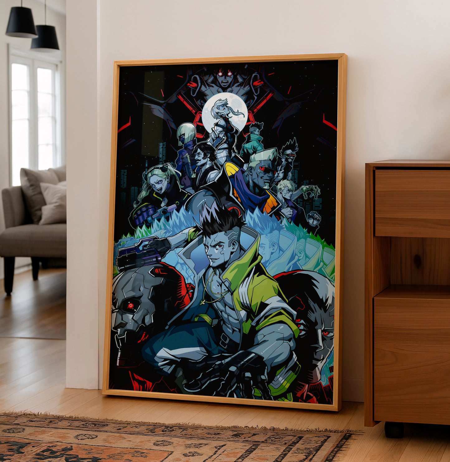 Cyberpunk Anime Squad Poster, Dark Neon City Wall Art, Futuristic Sci Fi Print