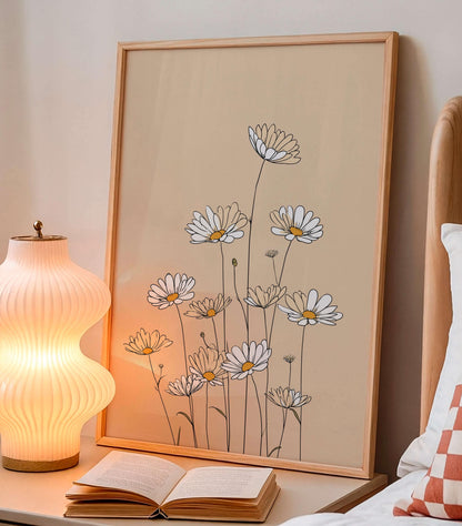 Minimal Daisy Line Illustration, Soft Neutral Floral Artwork,  Decor For Light Spaces