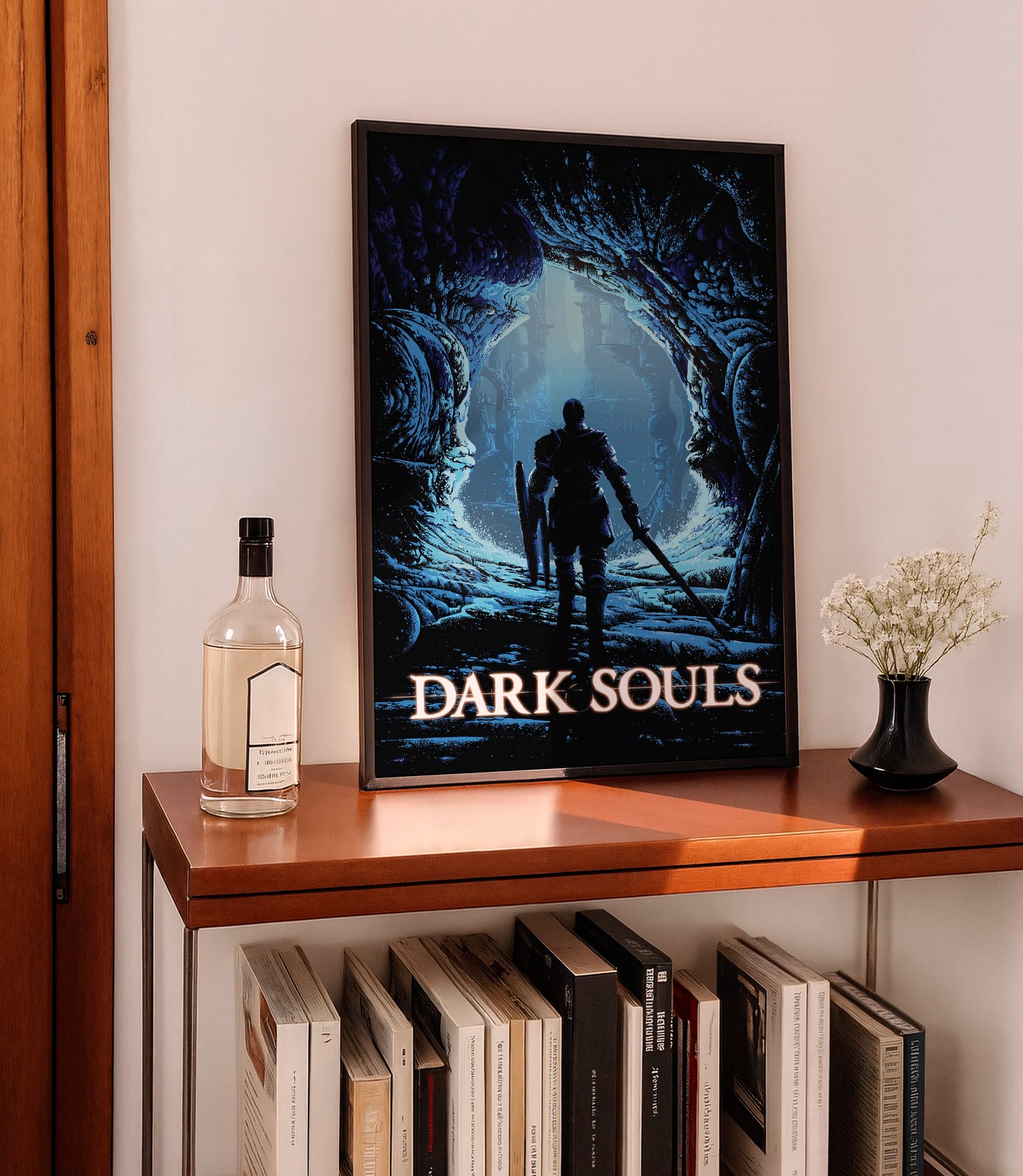Dark Fantasy Cave Poster, Medieval Knight Wall Art, Blue Aesthetic Print