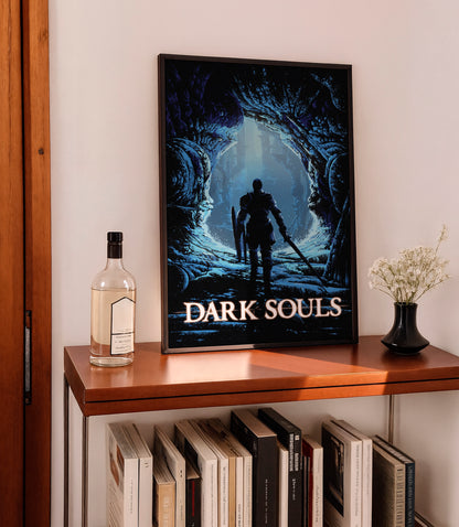 Dark Fantasy Cave Poster, Medieval Knight Wall Art, Blue Aesthetic Print
