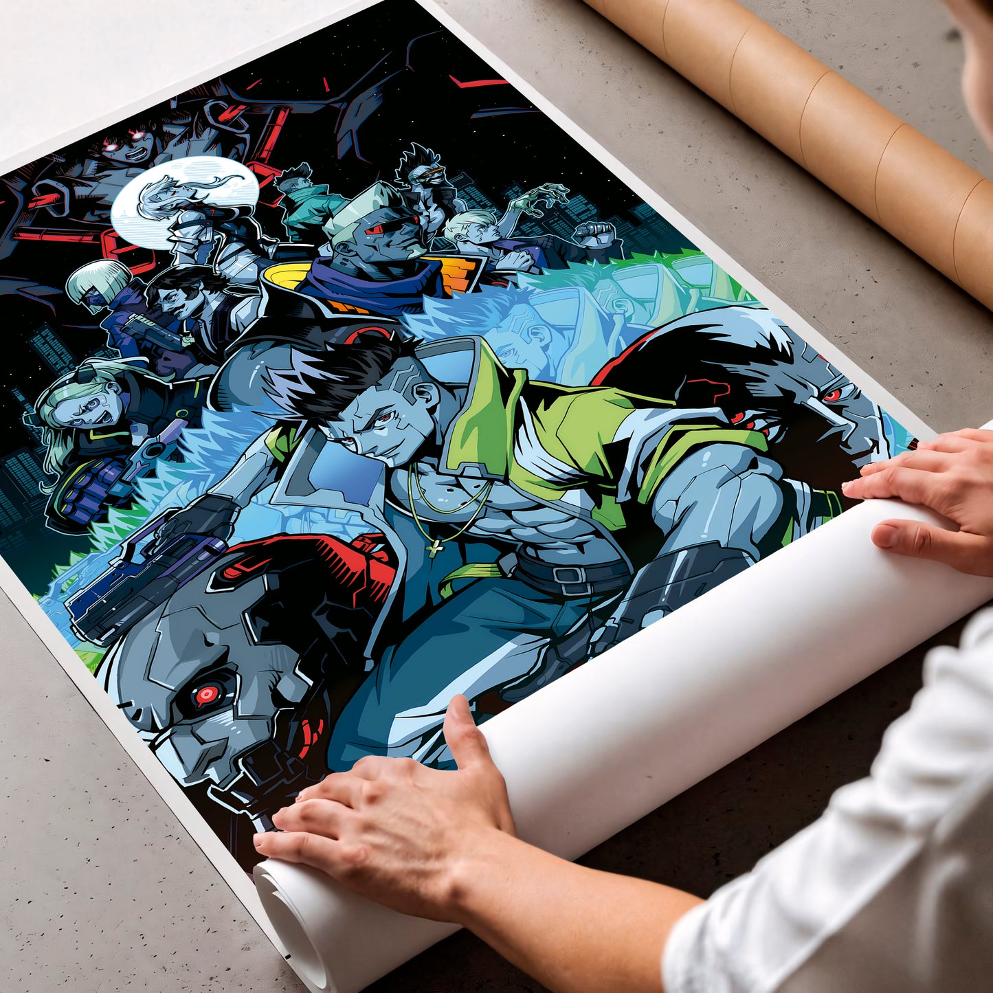 Cyberpunk Anime Squad Poster, Dark Neon City Wall Art, Futuristic Sci Fi Print