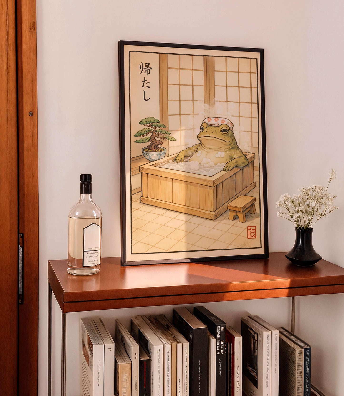 Japanese Frog, Zen Bathroom Decor, Onsen Frog Illustration