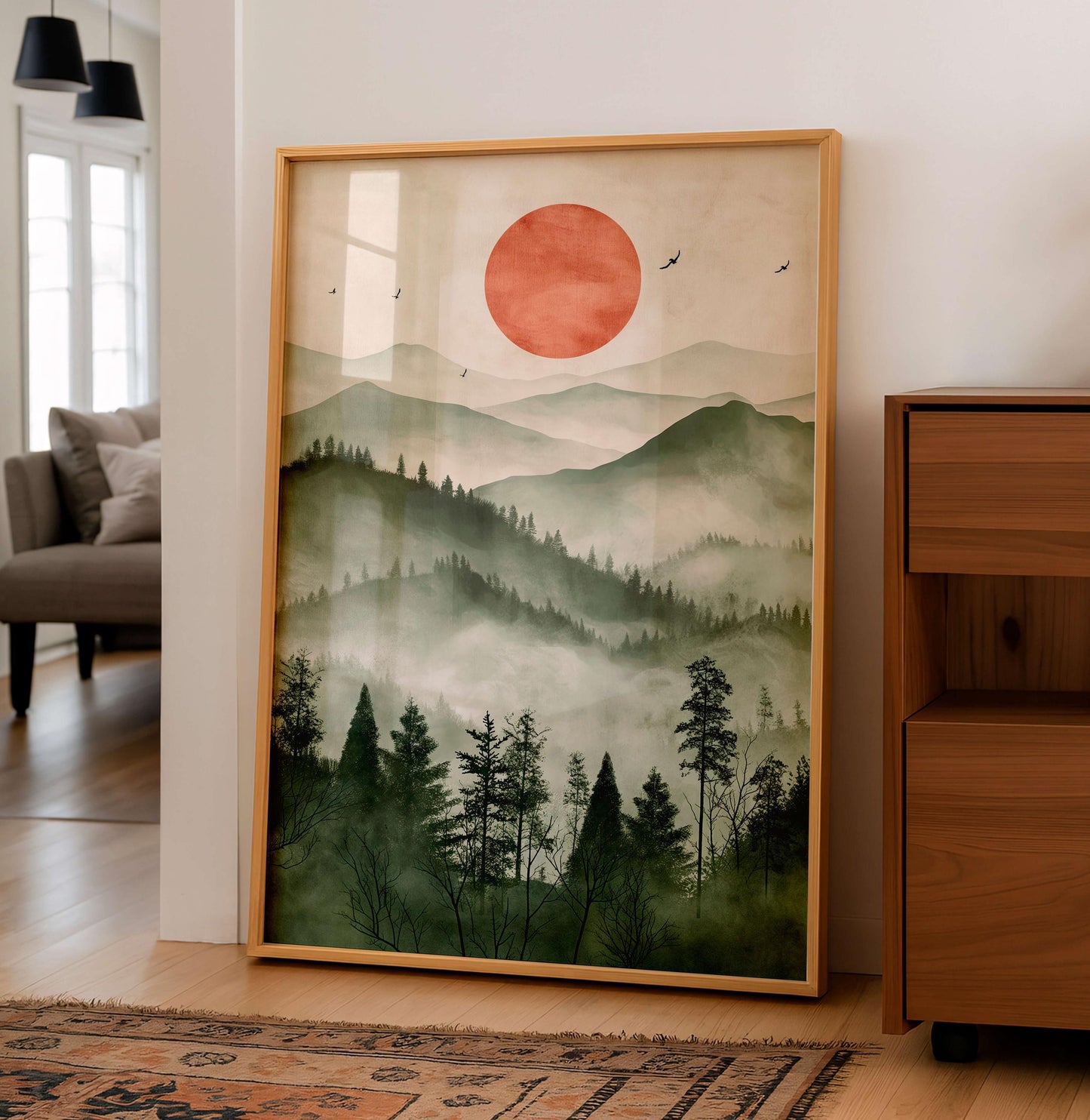Japanese Zen Landscape Poster, Misty Mountain Illustration, Minimal Nature Artwork