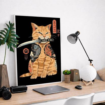 Samurai Cat Art Print, Japanese Tattoo Style, Ukiyo-e Warrior, Home Decor