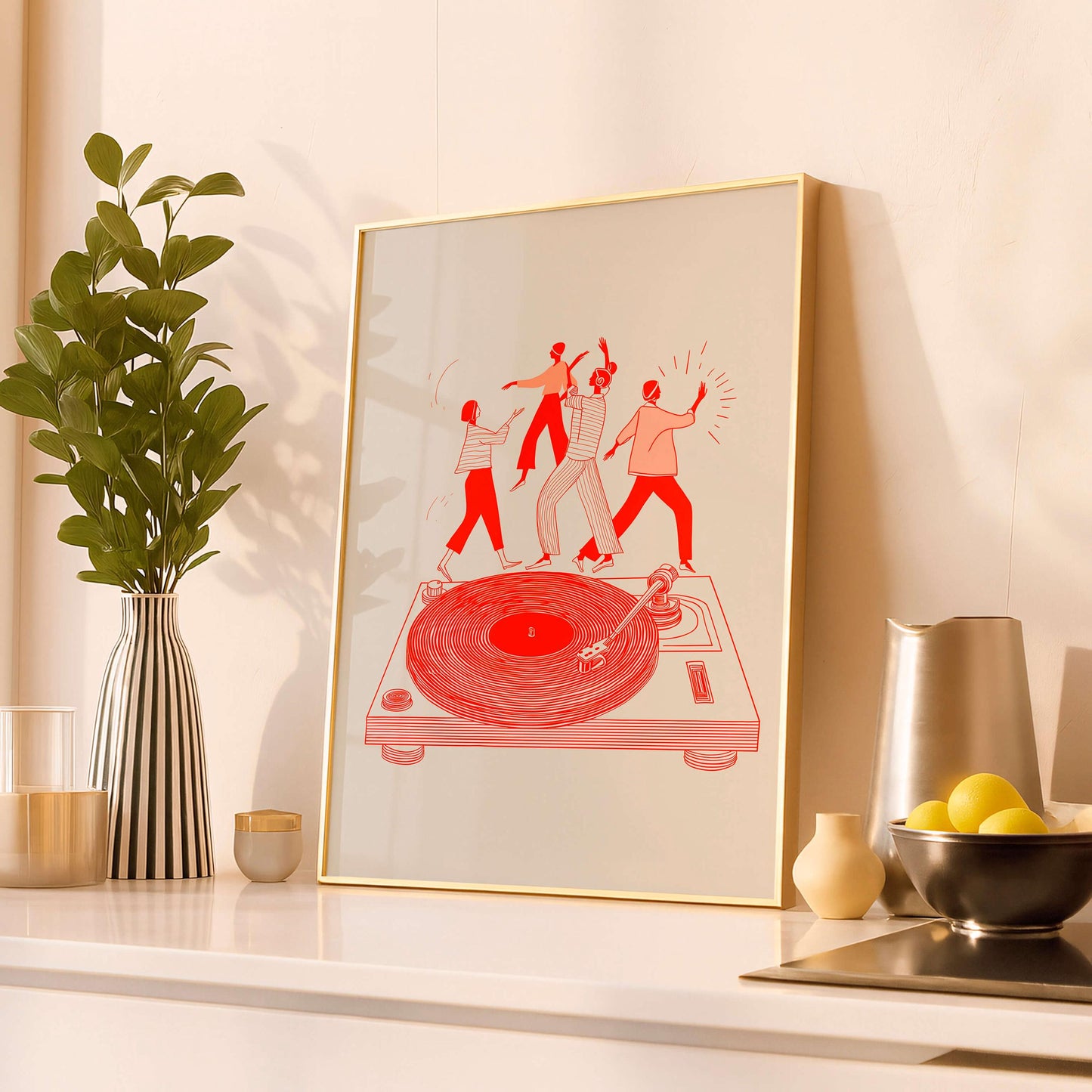 Modern Music Illustration Print, Dancing Figures On Turntable, Vinyl Culture Artwork