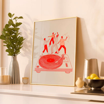 Modern Music Illustration Print, Dancing Figures On Turntable, Vinyl Culture Artwork