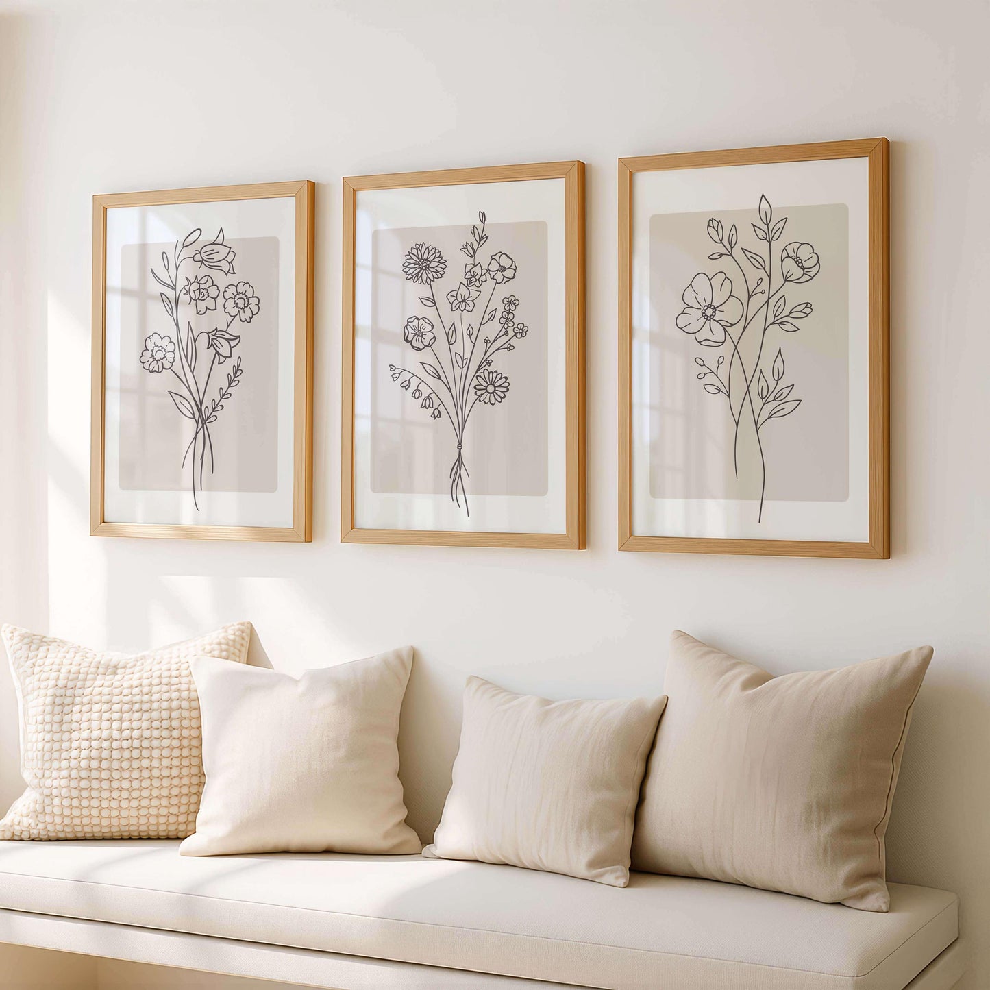 Minimalist Floral Line Art Print, Beige Boho Wall Art, Neutral Living Room Decor