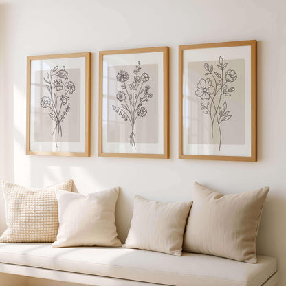 Minimalist Floral Line Art Print, Beige Boho Wall Art, Neutral Living Room Decor