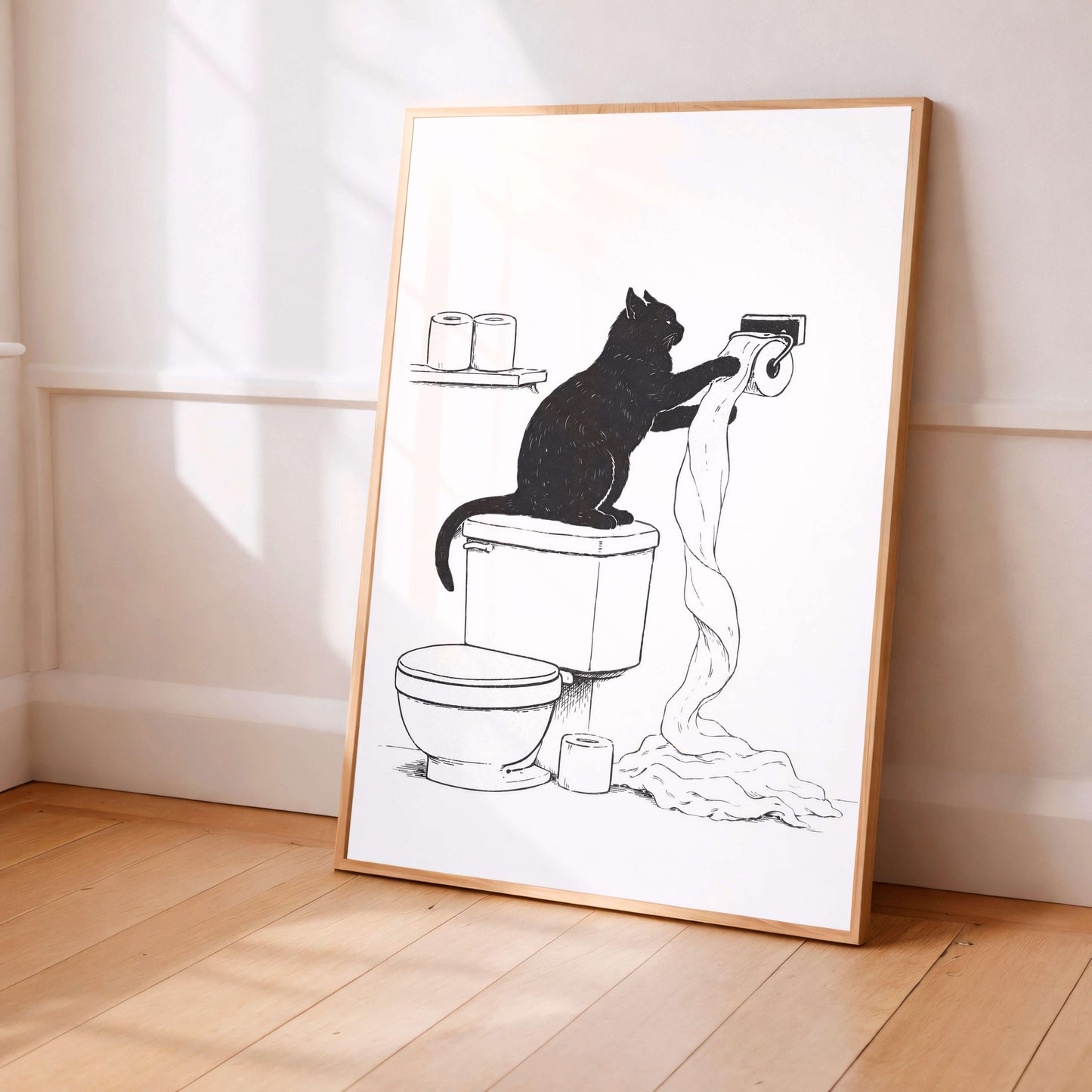 Funny Cat Bathroom Illustration Minimal Toilet Wall Art