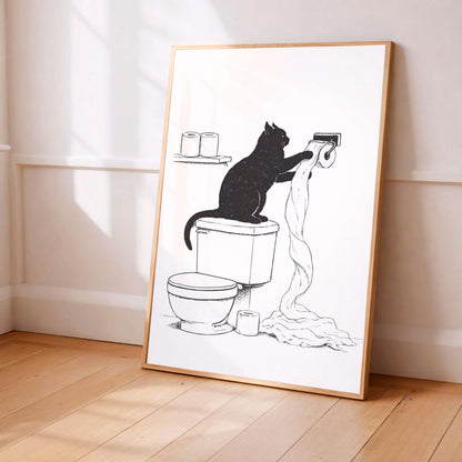 Funny Cat Bathroom Illustration Minimal Toilet Wall Art
