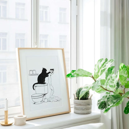 Funny Cat Bathroom Illustration Minimal Toilet Wall Art