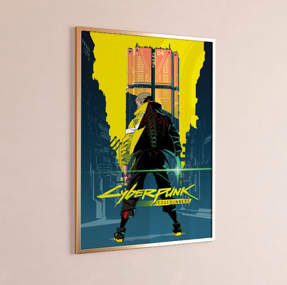 Cyberpunk City Poster, Futuristic Urban Wall Art, Neon Yellow Aesthetic Print