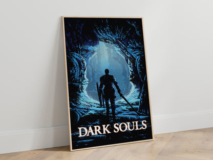 Dark Fantasy Cave Poster, Medieval Knight Wall Art, Blue Aesthetic Print