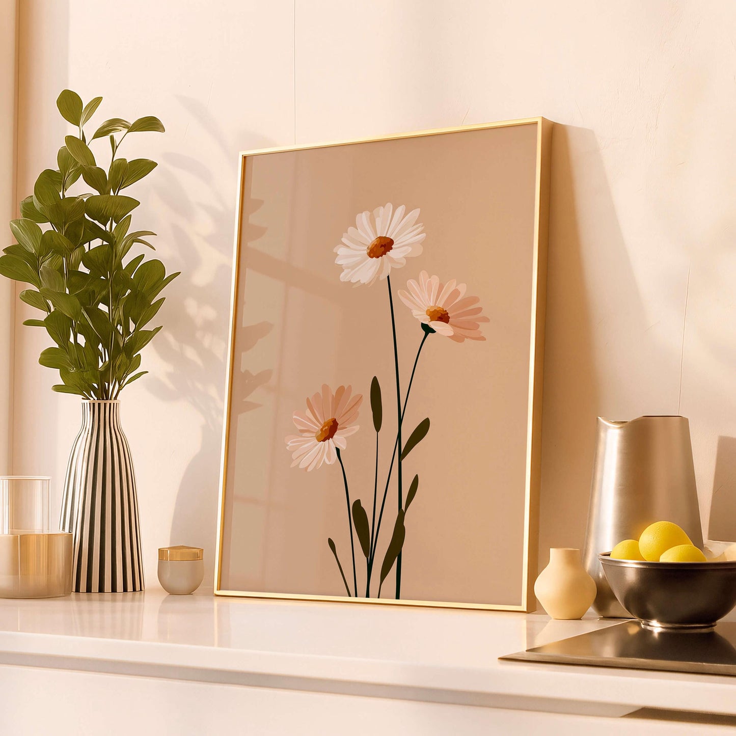Minimal Botanical Flower Print, Soft Neutral Daisy Illustration, Calm Modern Decor For Light Interiors